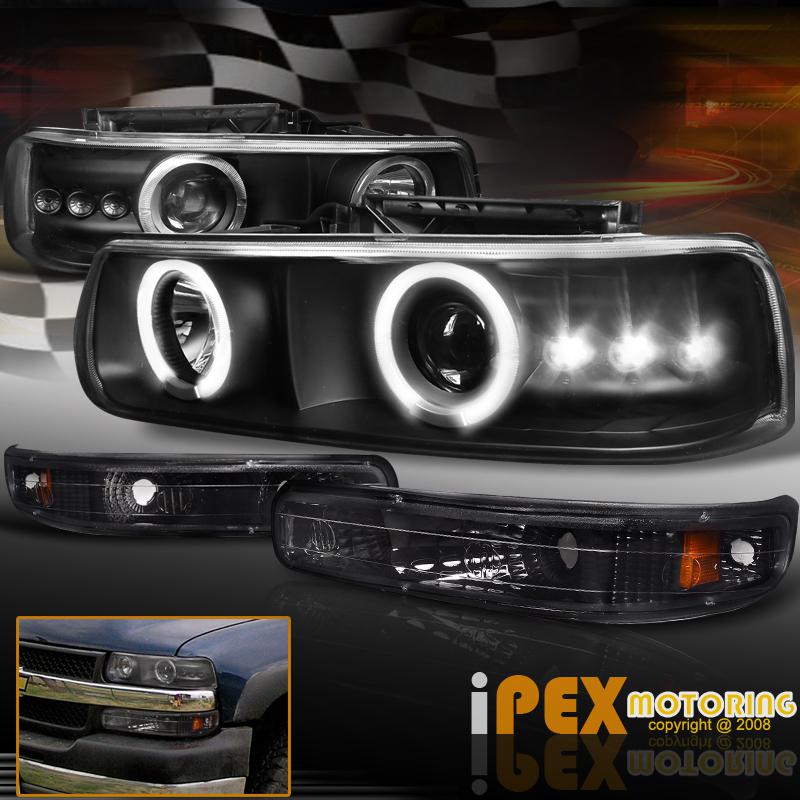 2000-2006 chevy suburban tahoe halo led black projector head light+bumper signal