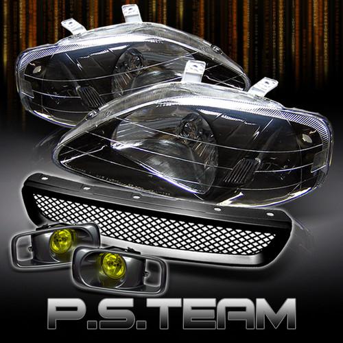 99-00 honda civic black headlights+sport front grille+jdm yellow fog lights lamp