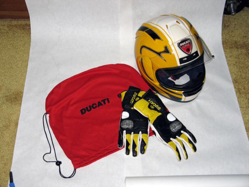 Yellow ducati corse helmet and gloves with ducati cloth storage bag - near mint!