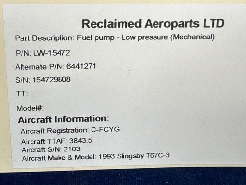 Lycoming fuel pump - low pressure (mechanical) sn- 154729808 p/n: lw-15472 , 644