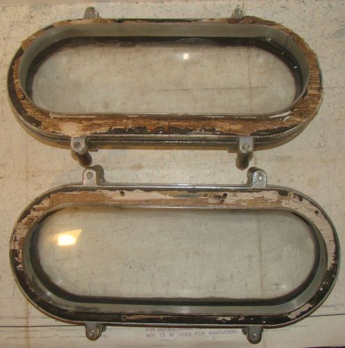 Pair vintage chromed bronze or brass opening portholes 15&#034; x 6-1/2&#034;