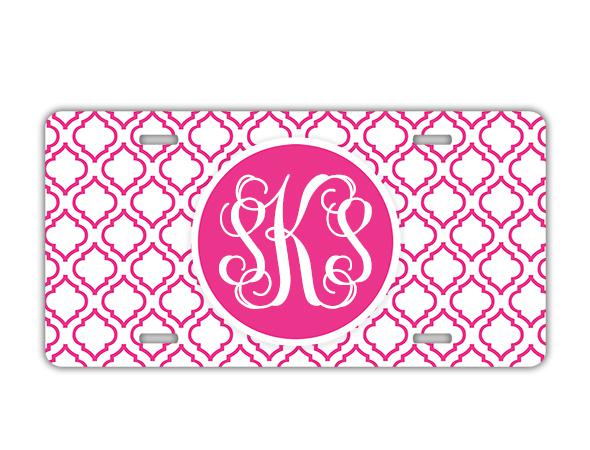 Custom license plate - hot pink pattern w monogram personalized car tag (9828)