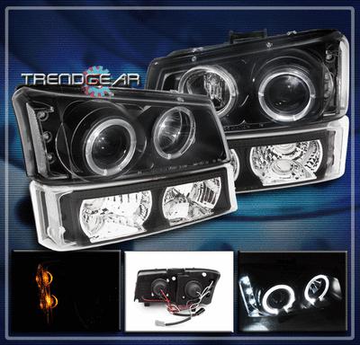 03-06 chevy silverado truck halo led projector headlight+bumper lamp black 04 05