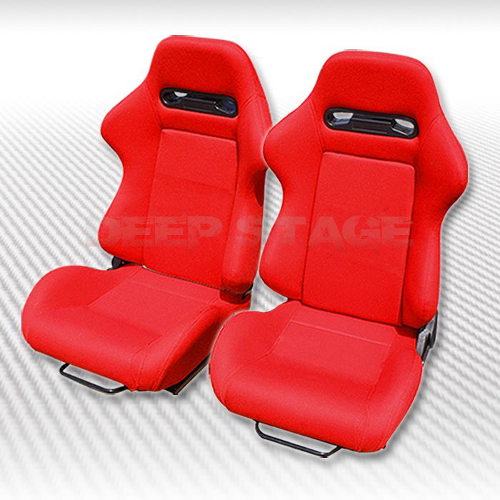 Red woven fabric canvas fully reclinable type-r style racing seats pair+sliders