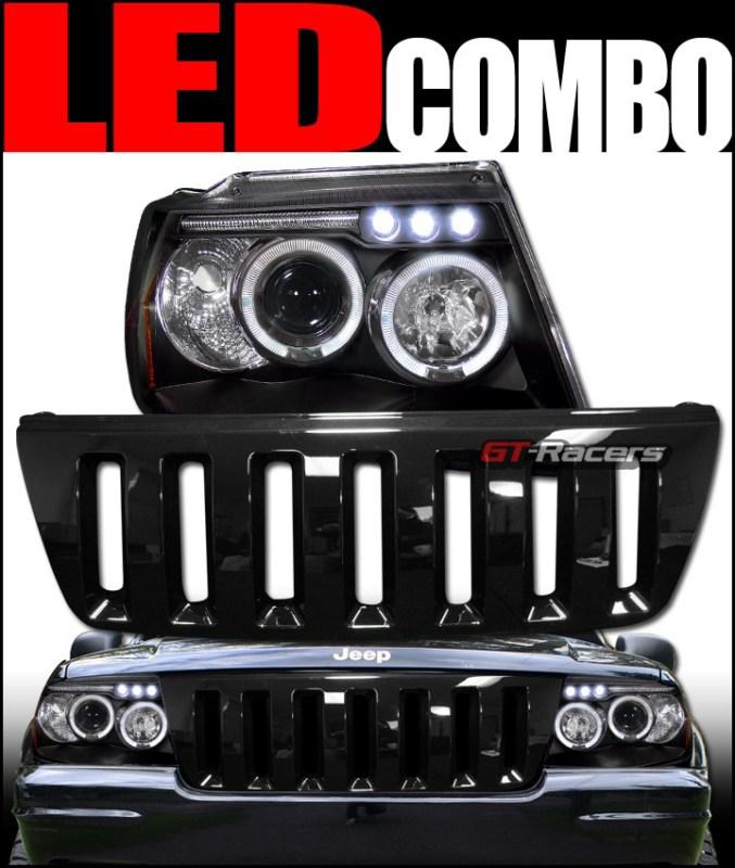 Blk halo led projector head light+vertical grill grille 1999-2004 grand cherokee