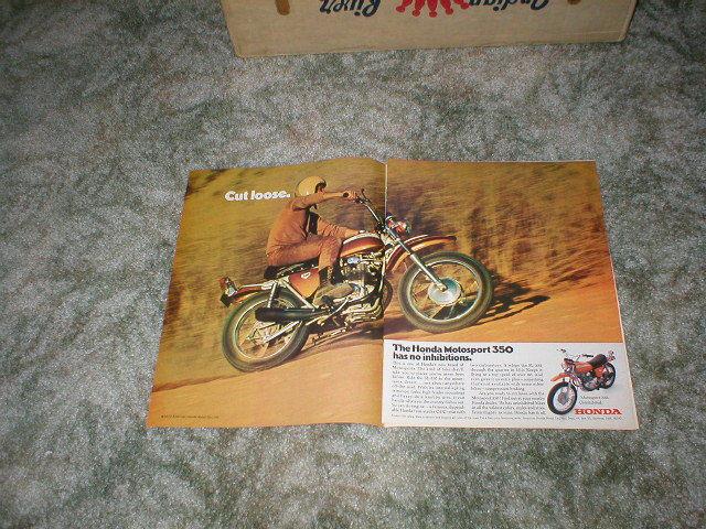 1970  honda motosport 350 motorcycle ad  sl-350  ohc twin 2 pg ad  camaro z28 ad