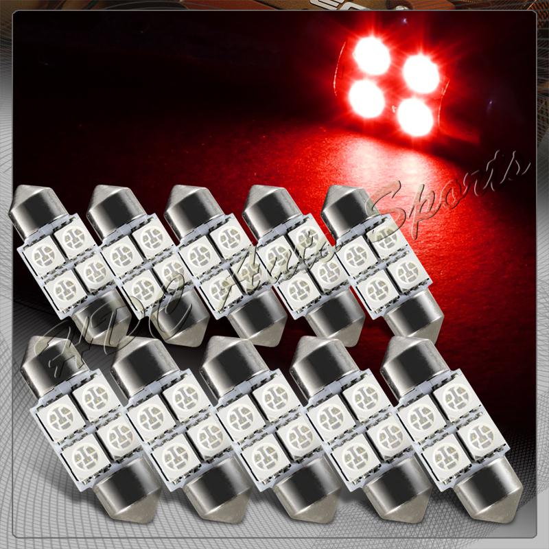 10x 31mm 4 smd red led festoon dome map glove box trunk replacement light bulbs