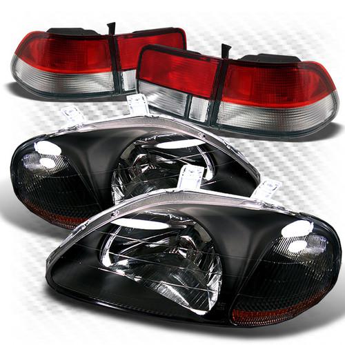 96-98 civic 2dr jdm black crystal headlights + red clear tail lights combo set