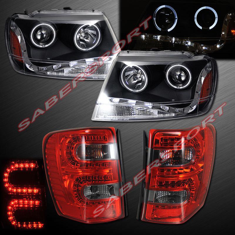 99-04 grand cherokee dual halo projector headlights black + rs led tail lights