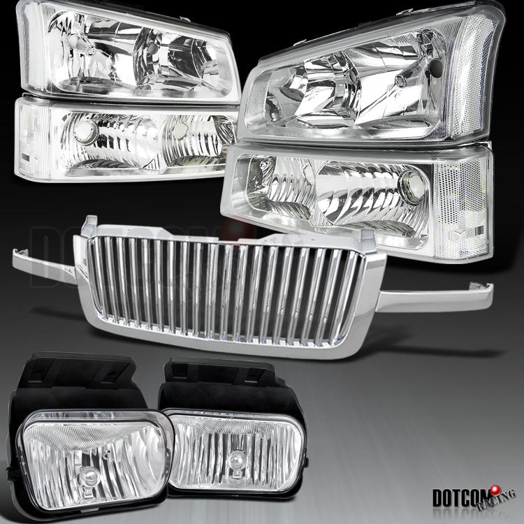 Chevy silverado 1500 2500 3500 headlights+clear fog bumper lamp+grill chrome