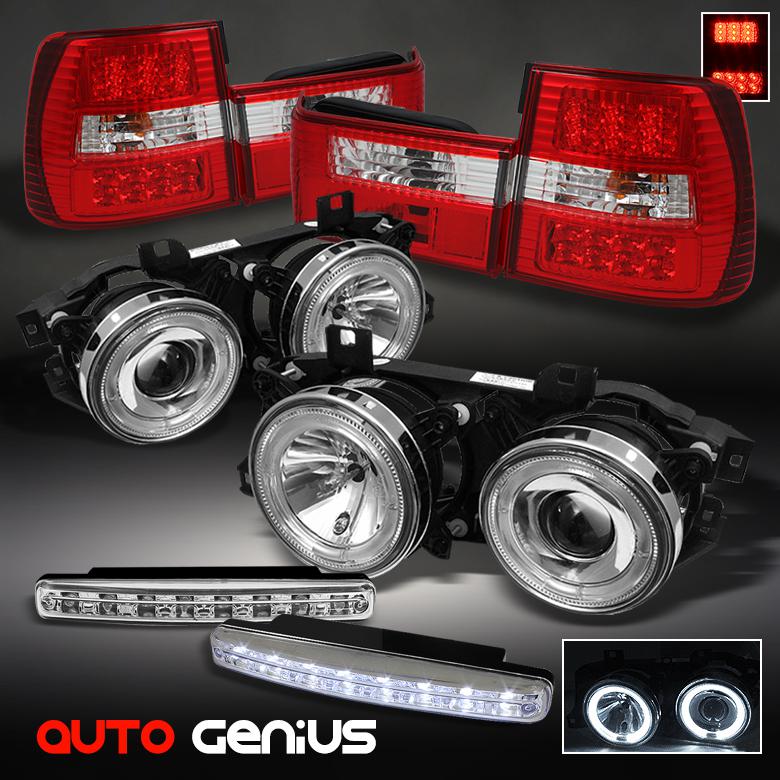 89-94 e34 5-series chrome projector headlights + red clear led tail lights + drl