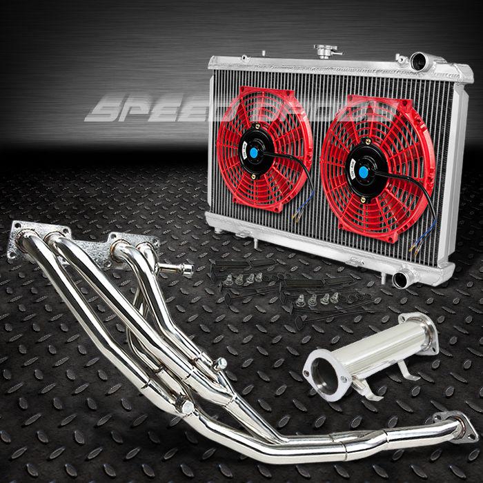 Racing manifold header+downpipe+pipe+radiator+10" red fans 89-94 240sx s13 ka24e