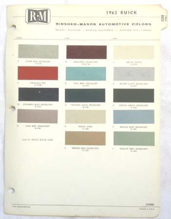 1963 buick  r-m  color paint chip chart all models original 