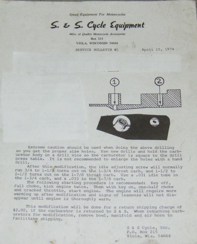 S&s carb l-series service bulletin #1 (very, very rare)