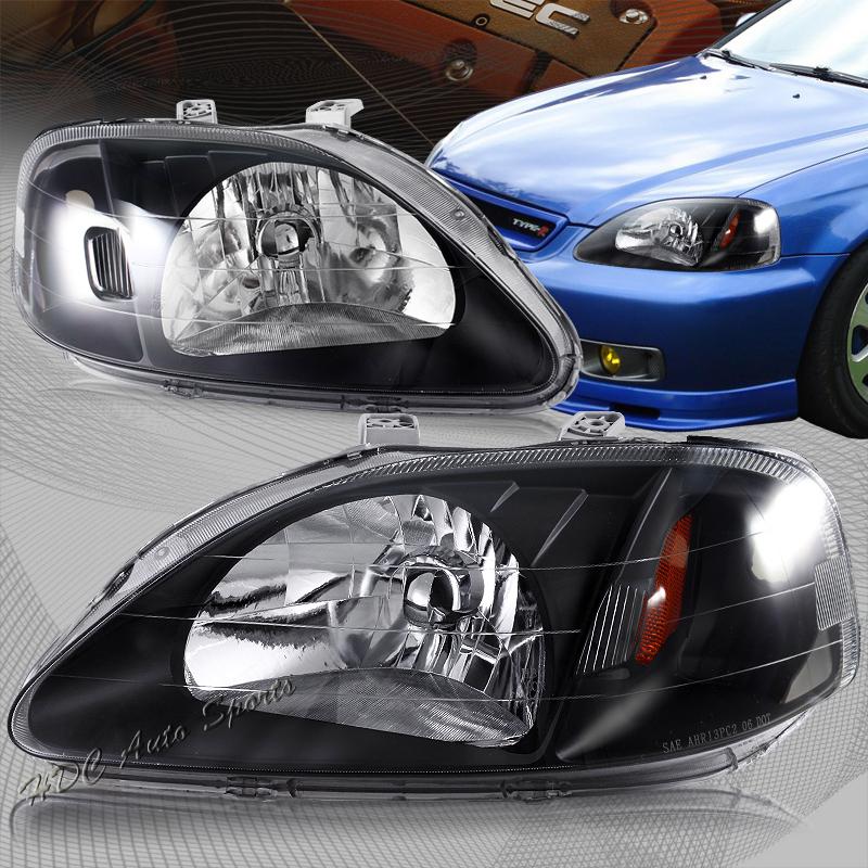 1999-2000 honda civic black housing clear lens amber reflector headlight lamps