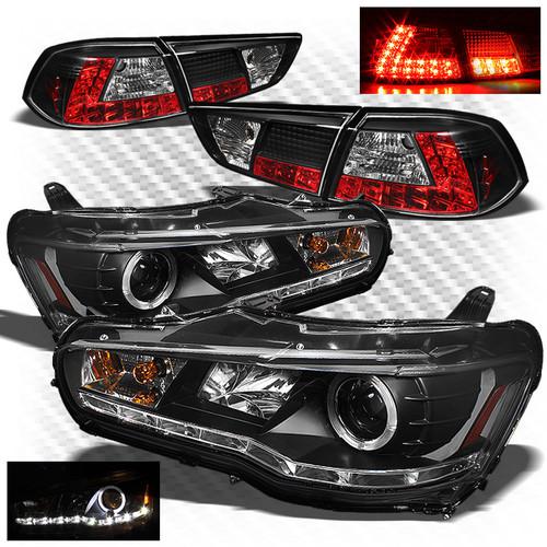 (hid only) 08-12 lancer 4dr black drl pro headlights + philips-led tail lights