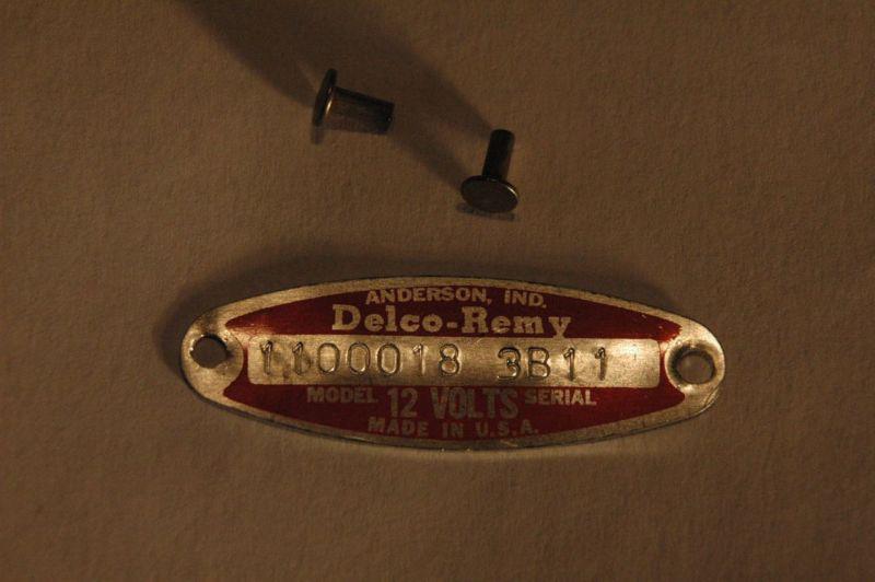 Chevrolet red delco remy generator tags numbered & dated new with rivets