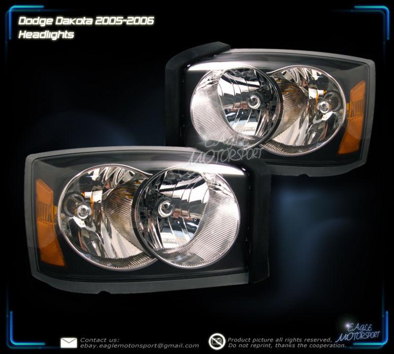 2005-2007 dodge dakota crystal black blk headlights head lamps+amber reflector