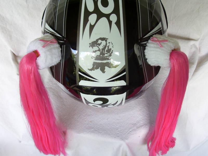 Pink breast cancer helmet pigtails~ motorcycle skateboarding atv biking~ponytail