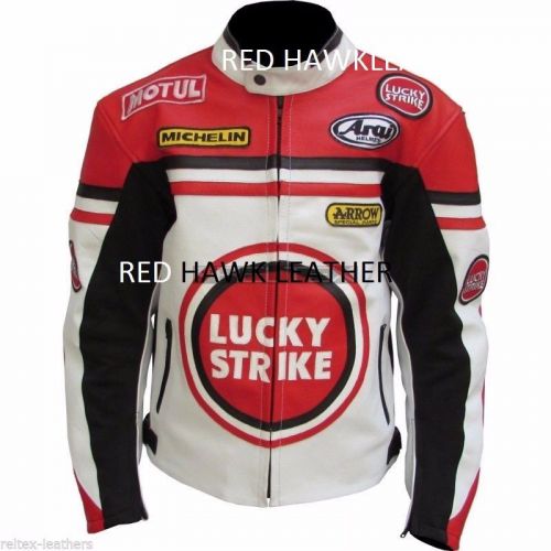 Lucky strike classic white red sports biker motorbike motorcycle leather jacket