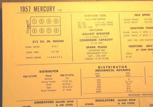 1957 mercury 312 ci v8 sun electric corp tune up chart excellent condition!