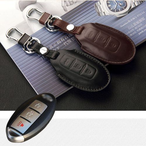 Genuine leather 3 button remote key bag case fob holder chain for infiniti