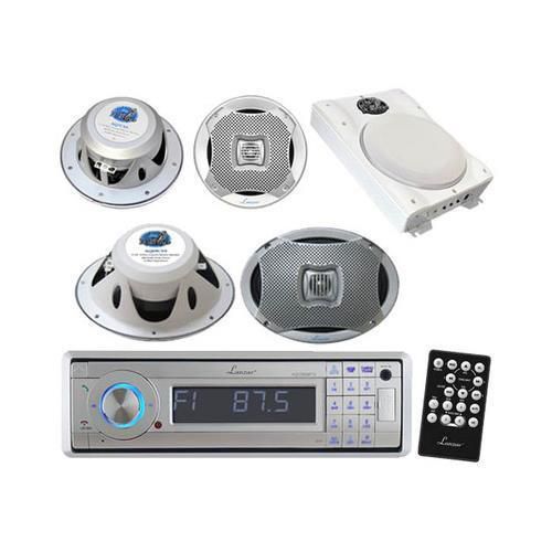 Marine boat cd mp3 silver receiver w/bluetooth + 4 speakers 1000w slim amplifier