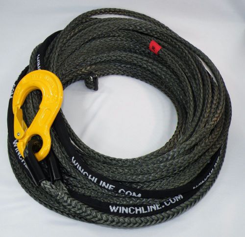 3/8&#034; x 100&#039; fireline winch rope synthetic cable w/ hook, tube thimble, black