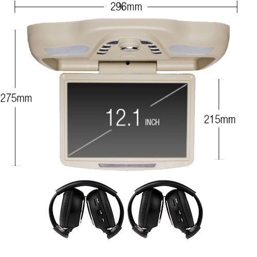 Beige car 12.1&#034; hd flip drop down overhead roof lcd monitor dvd player headphone