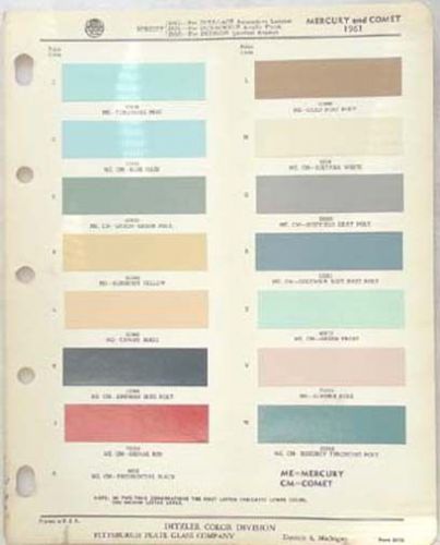 1961 mercury ppg color paint chip chart all models original