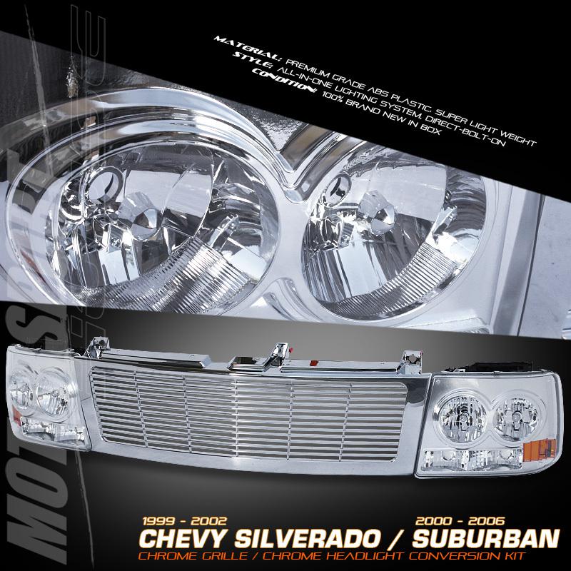 00-06 chevy suburban tahoe 1pc chrome housing headlight pair+ front grille combo