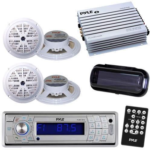 Marine boat am/fm usb radio &amp; wireless bluetooth +400w amp 4 speakers +cover pkg