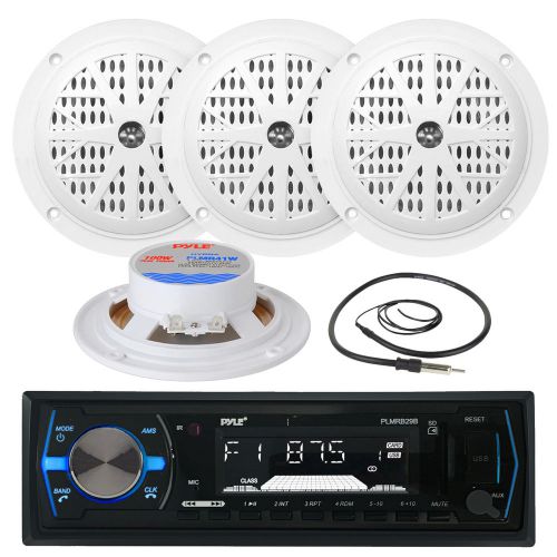 4&#034; white pyle 100w marine speakers, plmrb29b marine usb am fm aux radio, antenna