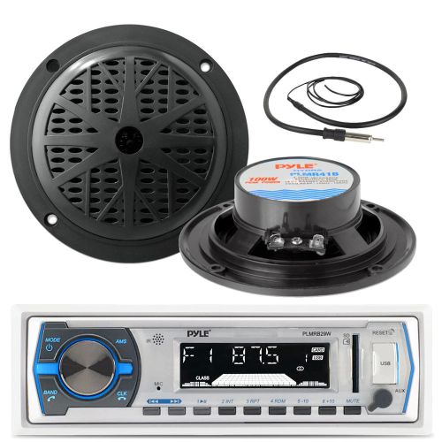 5.25&#034; marine white pyle 100w speakers, antenna,black pyle marine aux am fm radio