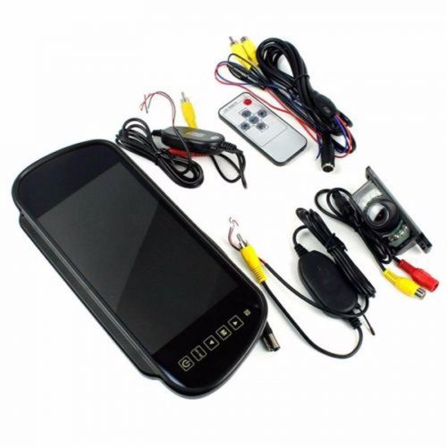 Wireless car rear view mirror reversing monitor + backup night vision camera kit