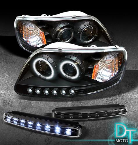 Drl led bumper fog lamps+97-03 f150 ccfl halo black projector led head lights