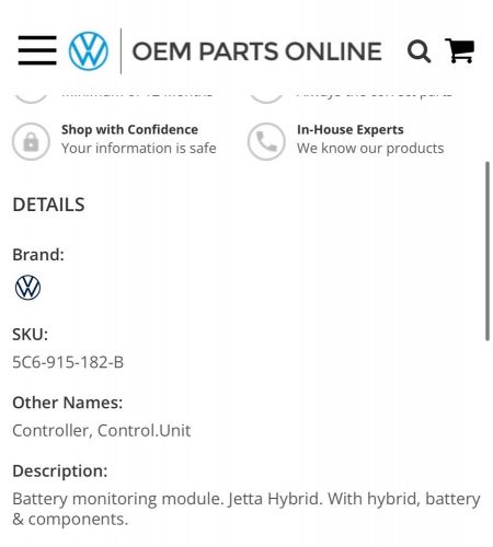 Vw volkswagen bms battery control unit  fits 13-16 jetta hybrid used