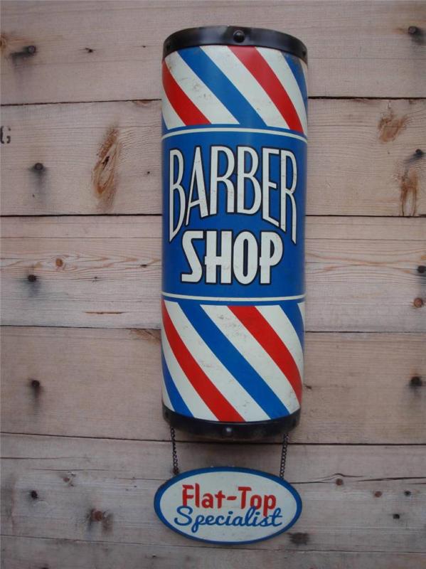 Barber shop pole metal sign vintage style flat-top shave gas oil oster clippers