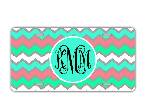 Monogrammed chevron car tag - mint green lt blue monogram license plate (9984)