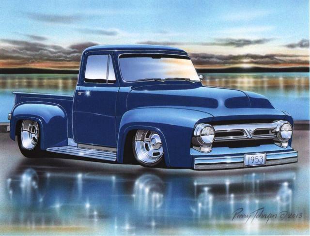 1953 ford f100 pickup hot rod truck automotive art print blue