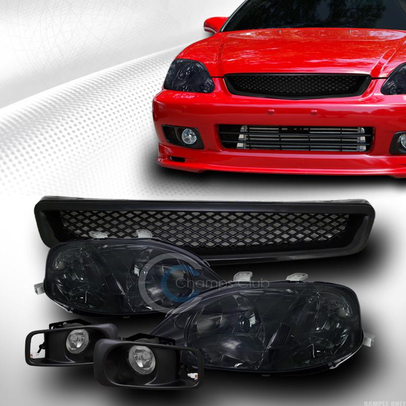 Smoke head light signal+front mesh grill grille blk+bumper fog ch 99-00 civic ek