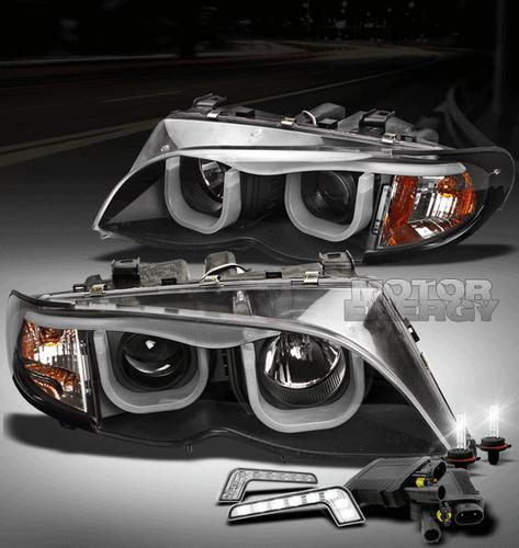 2002-2005 bmw e46 3-series 4dr black projector head lights+3d drl led+6k hid kit