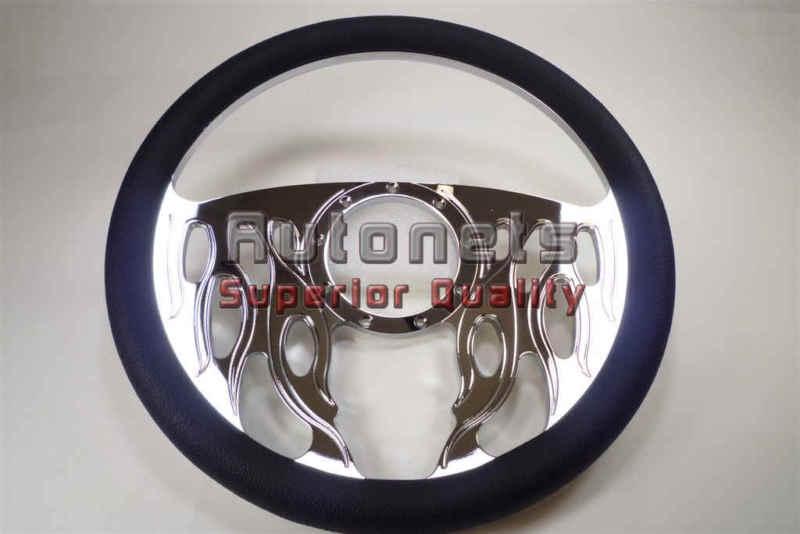 Flame chrome aluminum black leather steering wheel horn adapter chevy ford gm