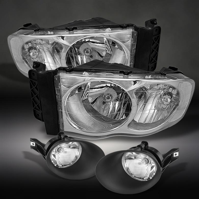 02-05 dodge ram 1500 03-05 2500 3500 chrome headlights+fog lamps left+right pair