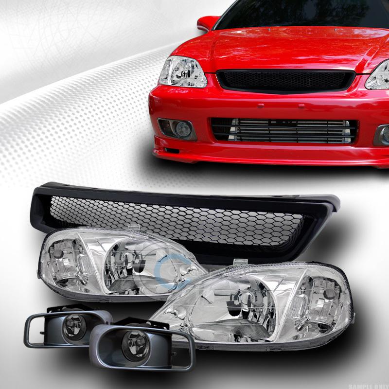 Chrome head lights dy+aluminum mesh grill grille+fog smoke 99-00 honda civic ek9