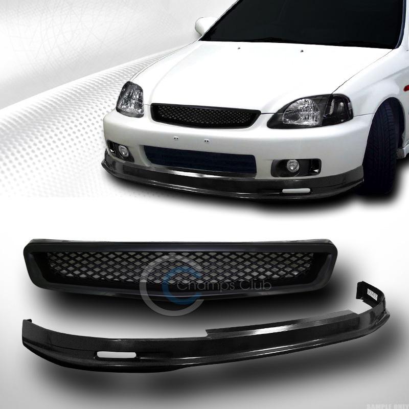 Black mu poly-urethane front spoiler bumper lip kit+grill grille 99-00 civic ek9