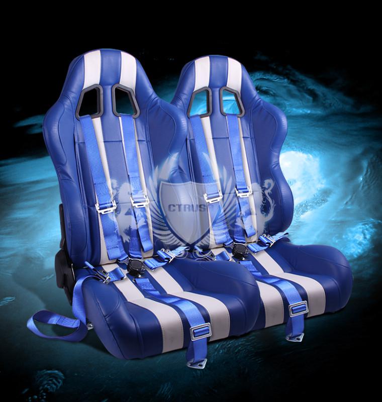 2x jdm f1 blue/white stripe pvc/vinyl racing seats w/sliders + 5-pt blue camlock