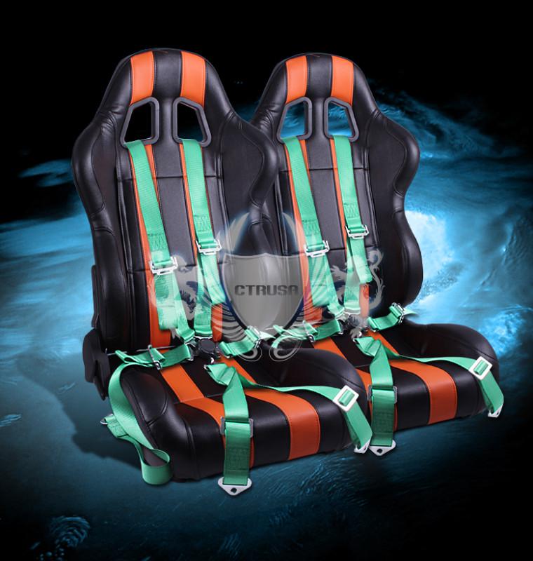 2x universal black/orange stripe pvc racing seats + 6-pt camlock green harness