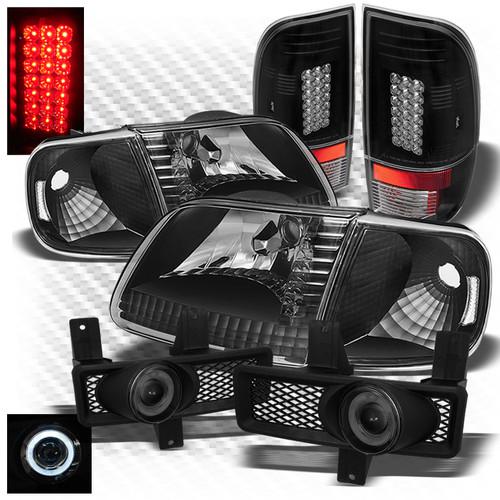 97-98 f150, f250ld black headlights + led tail lights + projector fog lights set