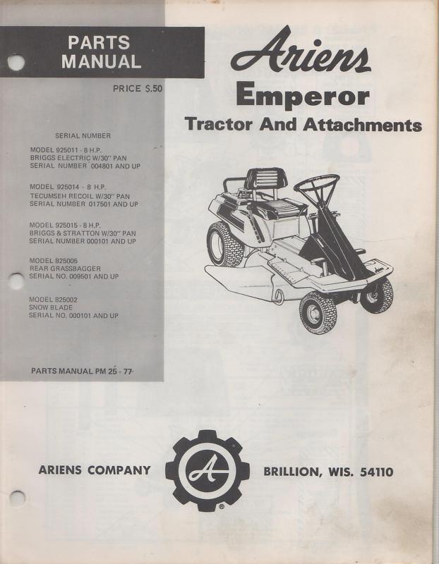 ariens emperor tractor & attachments parts manual p/n pm-25-77 (040)